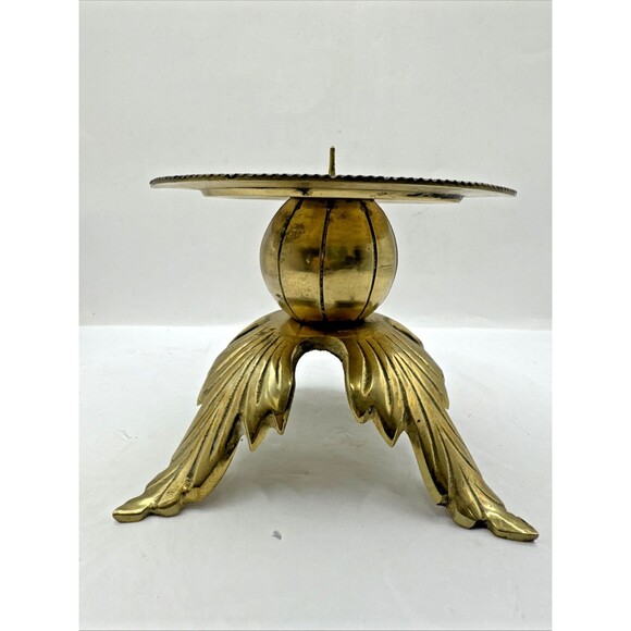Vintage Mid Century Modern Leaf Lotus Large Brass Pillar Candle Holder 4.5 X4.5 - Picture 8 of 8